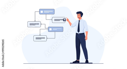 Businessman interacting with flowchart, digital transformation, workflow optimization