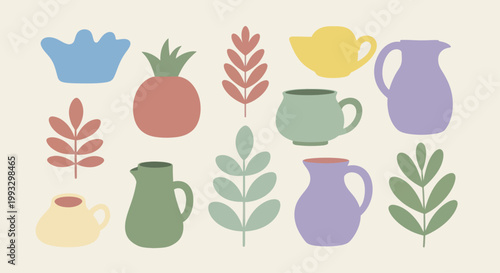 Collection of various colorful ceramic pottery and botanical leaf illustrations.