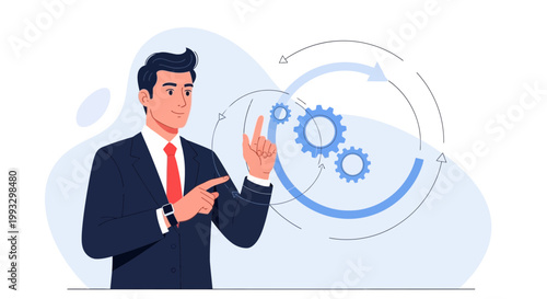 Businessman pointing at gears and circular process diagram, business strategy concept