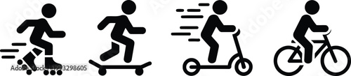 Black silhouette icons of individuals actively enjoying various urban wheeled sports and outdoor recreation activities