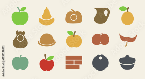 Collection of various fruit and object icons in a flat design style.