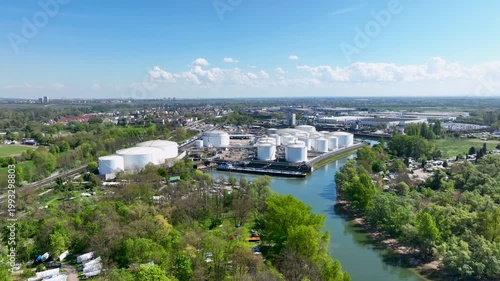 Refinery and railroad track at River Rhine - aerial view