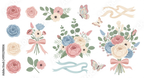 Romantic Pastel Floral Clipart Set with Roses, Peonies, Wildflowers, Eucalyptus, Butterflies and Elegant Wedding Bouquet Elements
