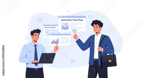 Businessmen analyzing automatic task flow charts on digital screens