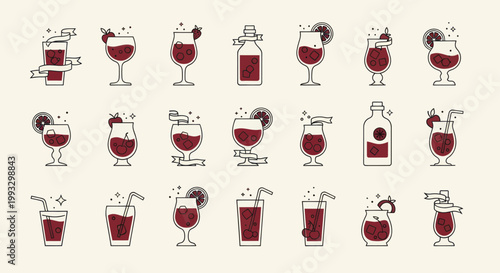 Collection of Various Red Alcoholic Cocktails and Drinks.