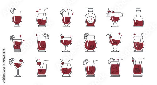 Collection of various red cocktails and drinks in different glasses and bottles.