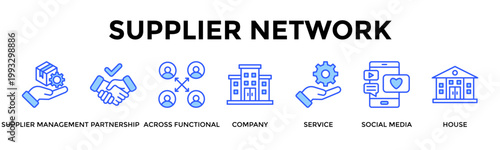 Supplier Network  Banner Web  Icon Set Collection Pack Vector Illustration Concept Containing Supplier Management, Partnership, Across Functional, Company, Service, Social Media, House