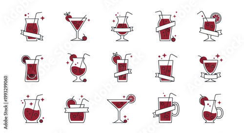 Collection of various refreshing red cocktails and drinks with garnishes.