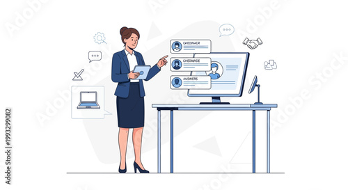 Businesswoman managing HR data on computer, recruitment and team management concept