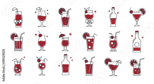 Collection of various refreshing red cocktails and drinks.