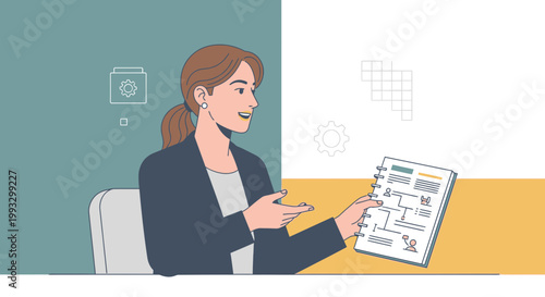 Businesswoman presenting organizational chart, explaining workflow and strategy