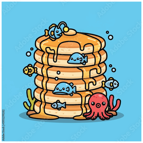 Stack of pancakes with sea creatures.