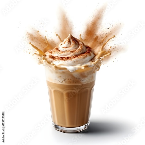Explosive Latte Splash with Cinnamon Cloud, Isolated on White Background