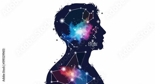 A silhouette of a human head filled with a vibrant, colorful nebula and constellations, representing the universe within