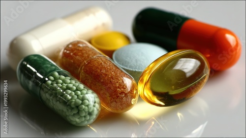Supplement display photography, various pills and capsules arranged in a close-up eye-level shot on a clean white surface, showcasing a range of colors and dosage forms.