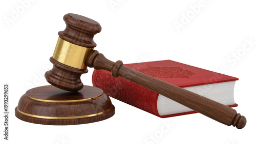 Foto Wooden gavel resting on thick legal book with gold band