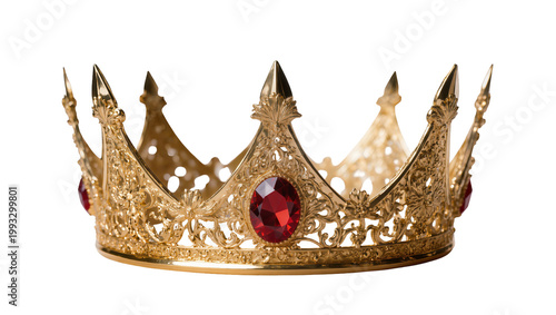 Fotografie Ornate Golden Crown with Ruby Jewels and Pointed Spikes