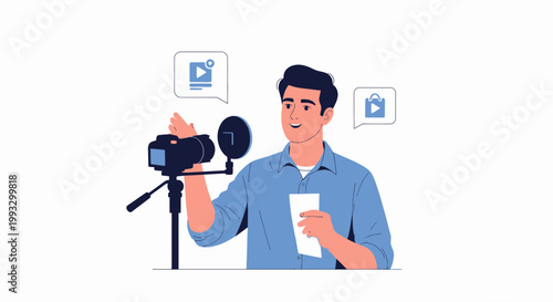 Content Creator with Camera, Microphone, and Shopping Bag Icons