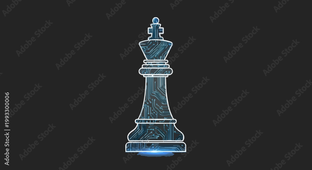 Fototapeta premium Futuristic digital chess king piece rendered with intricate circuit patterns, symbolizing strategic power, intelligence, and a modern approach to classic games