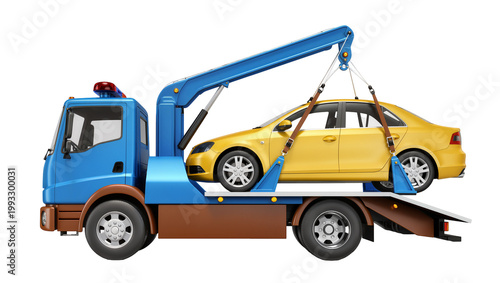 Canvastavla Blue Towing Truck Lifting Yellow Sedan Car with Hook