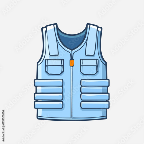 Illustration of a light blue fishing vest with multiple pockets