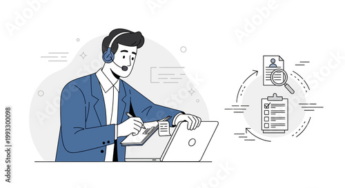 Customer service agent with headset, laptop, and checklist for task management.