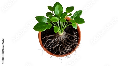 A root-bound plant in a terracotta pot, roots circling inside, top-down view.