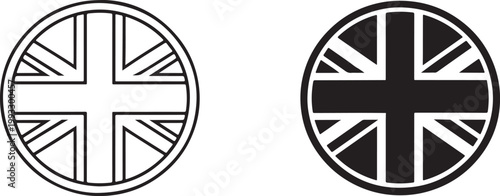 Round United Kingdom flag icon in black silhouette and line art.