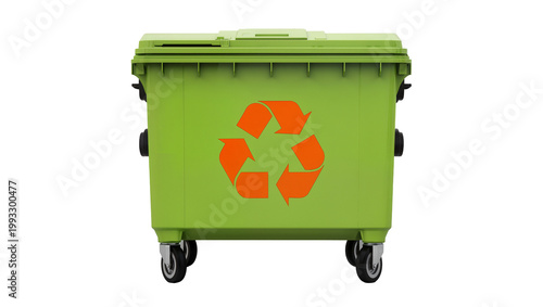Green plastic recycling bin with orange recycle symbol on wheels