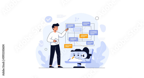 Business Meeting: Man Explains Strategy on Board, Robot Assistant Takes Notes