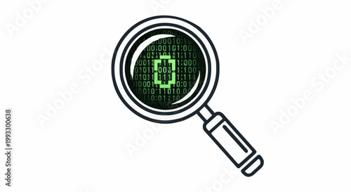 Magnifying glass examining digital binary code, symbolizing data analysis, cybersecurity, and technology research