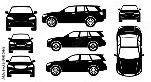 Station Wagon Car Silhouettes: Front, Side, and Top Views
