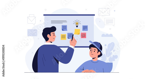 Business meeting: mentor teaching student about project planning on whiteboard with sticky notes