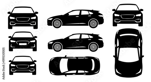 Set of car silhouettes from different angles: front, side, top view