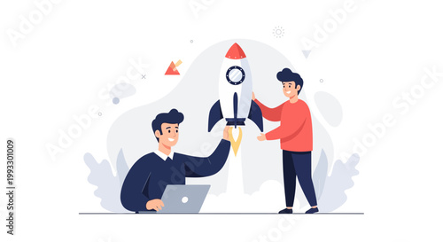 Business startup concept: team launching rocket with laptop, teamwork, innovation