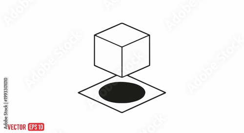 Minimalist isometric illustration of a floating cubic shape casting a precise circular shadow on a ground plane, representing abstract geometry, light, and spatial dimension