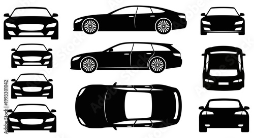 Set of Car Silhouettes: Front, Side, Top Views - Various Models