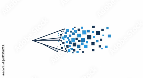 Dynamic graphic of a paper airplane dissolving into a pixelated data stream, symbolizing swift digital communication, information flow, and technological innovation