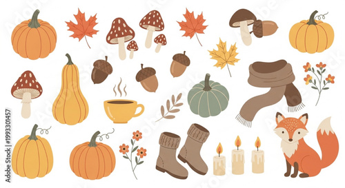 Autumn Pastel Vector Set with Pumpkins, Mushrooms, Maple Leaves, Cute Fox, Coffee Cup and Cozy Forest Seasonal Elements