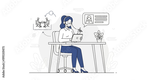 Woman working from home with mask and headset, online meeting, remote work concept