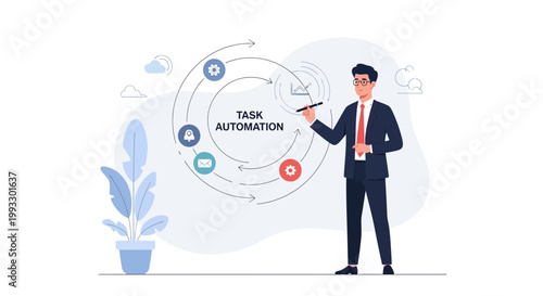 Businessman illustrating task automation process with circular diagram and icons