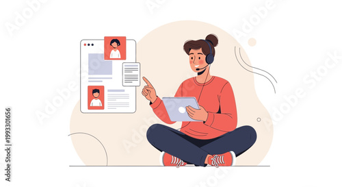 Young woman with headset using tablet and laptop, online learning, remote work, digital communication