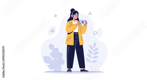 Young woman with headphones playing video game on smartphone, modern flat illustration