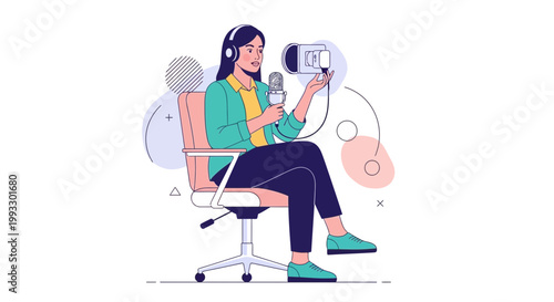 Young woman with headphones recording podcast with microphone and camera