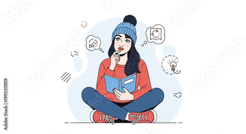 Young Woman Thinking While Reading a Book, Wearing a Winter Hat and Scarf