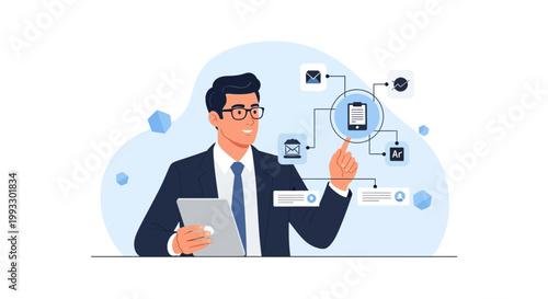 Businessman interacting with digital interface, technology, communication, data analysis