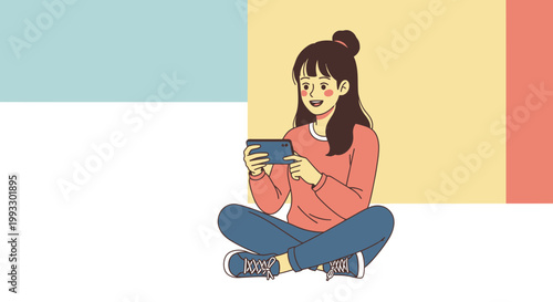 Young Woman Sitting Cross-legged Playing Mobile Game on Phone, Colorful Background