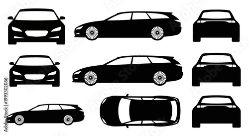 Station Wagon Car Silhouettes: Front, Side, Rear, and Top Views