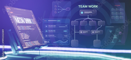 Concept of autonomous AI agents orchestration and software development. Futuristic dashboard showing AI team work, project management flowchart, and coding monitor.