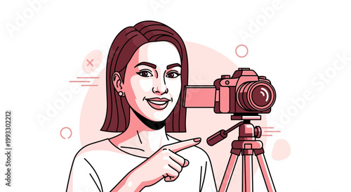 Young Woman Photographer Pointing at Camera on Tripod, Creative Content Creation